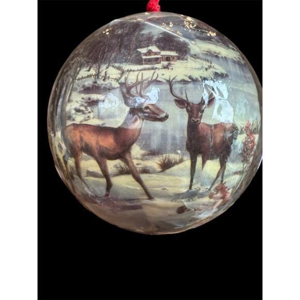 Vtg 4” Large Papier Mache Decoupage Deer Buck Forest Christmas Ball Oranament